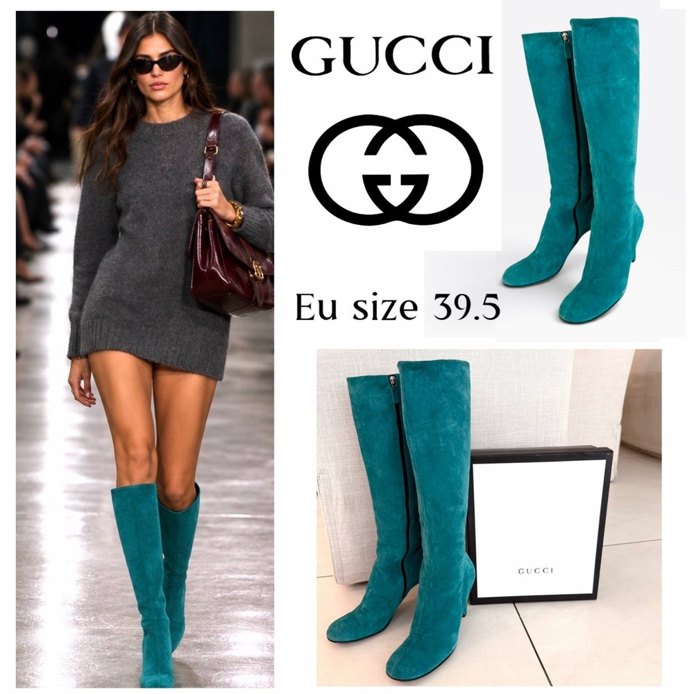 Gucci Teal Blue Suede Knee High Zip Boots Women's EU 39.5 size 8-8.5